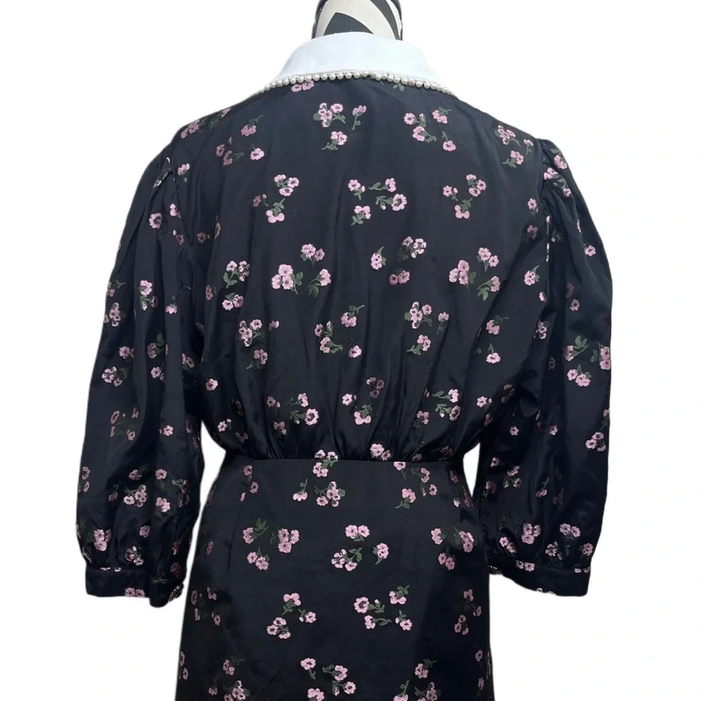 Sister Jane Puff Sleeve Collard Ink Dark Floral Sz L Goth Whimsigoth Dress - Picture 6 of 16